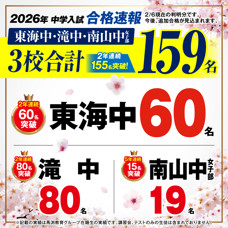2026年東海中・滝中・南山中女子部合格速報